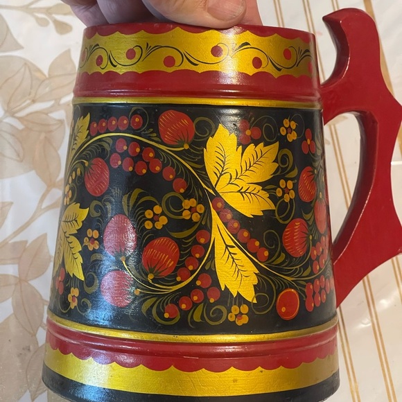 VTG Khokhloma BEER mug traditional Russian handicraft Carved Wood Soviet USSR - Picture 2 of 6